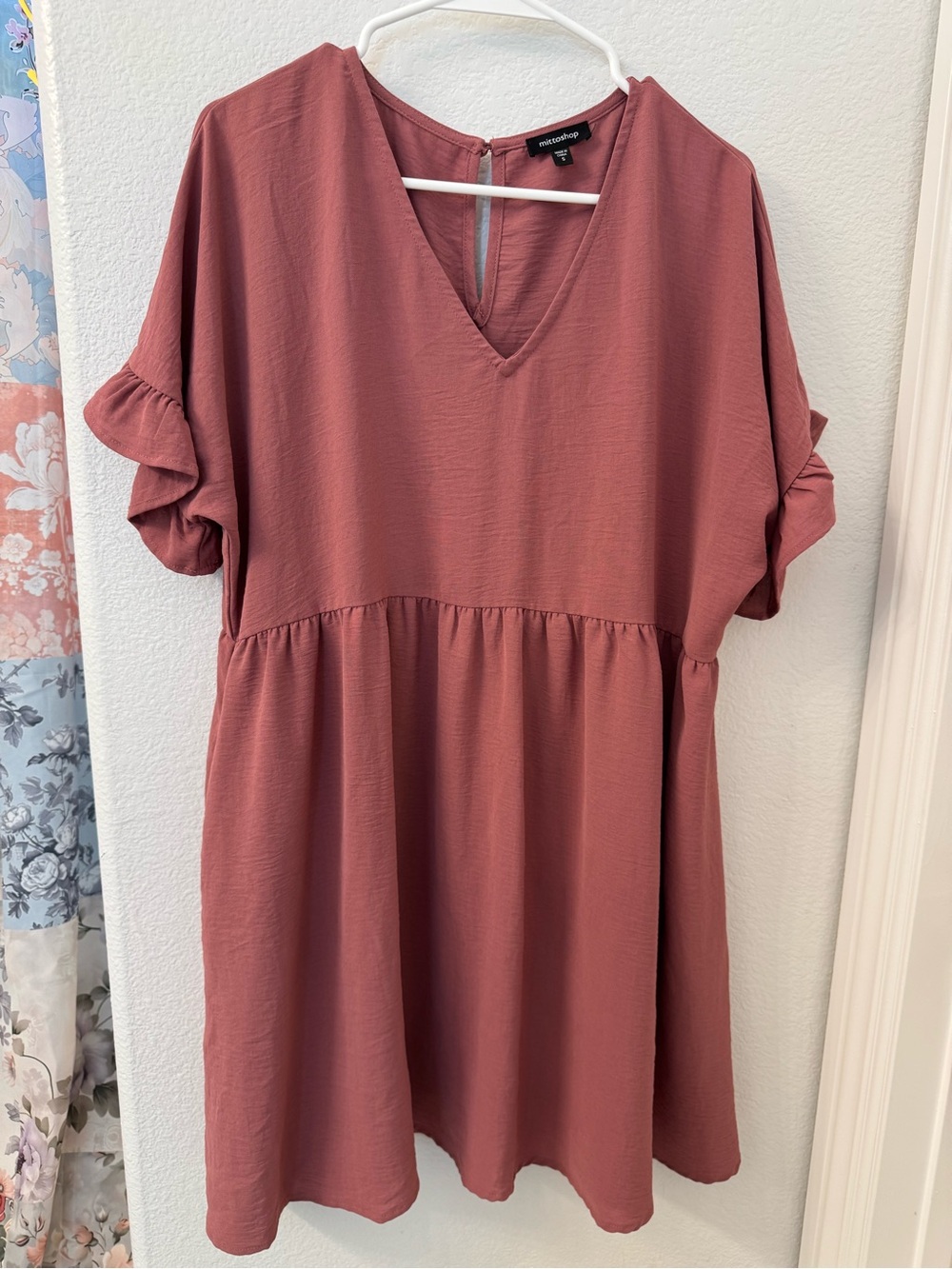 mittoshop Rosewood V-Neck Ruffle Sleeve Mini Dress